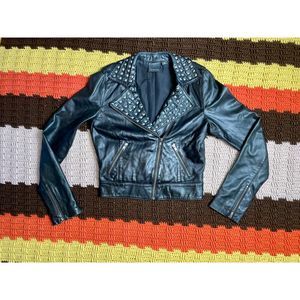 Y2K / 2000s Genuine Leather Black Studded Motorcycle Jacket by Trouve, XS